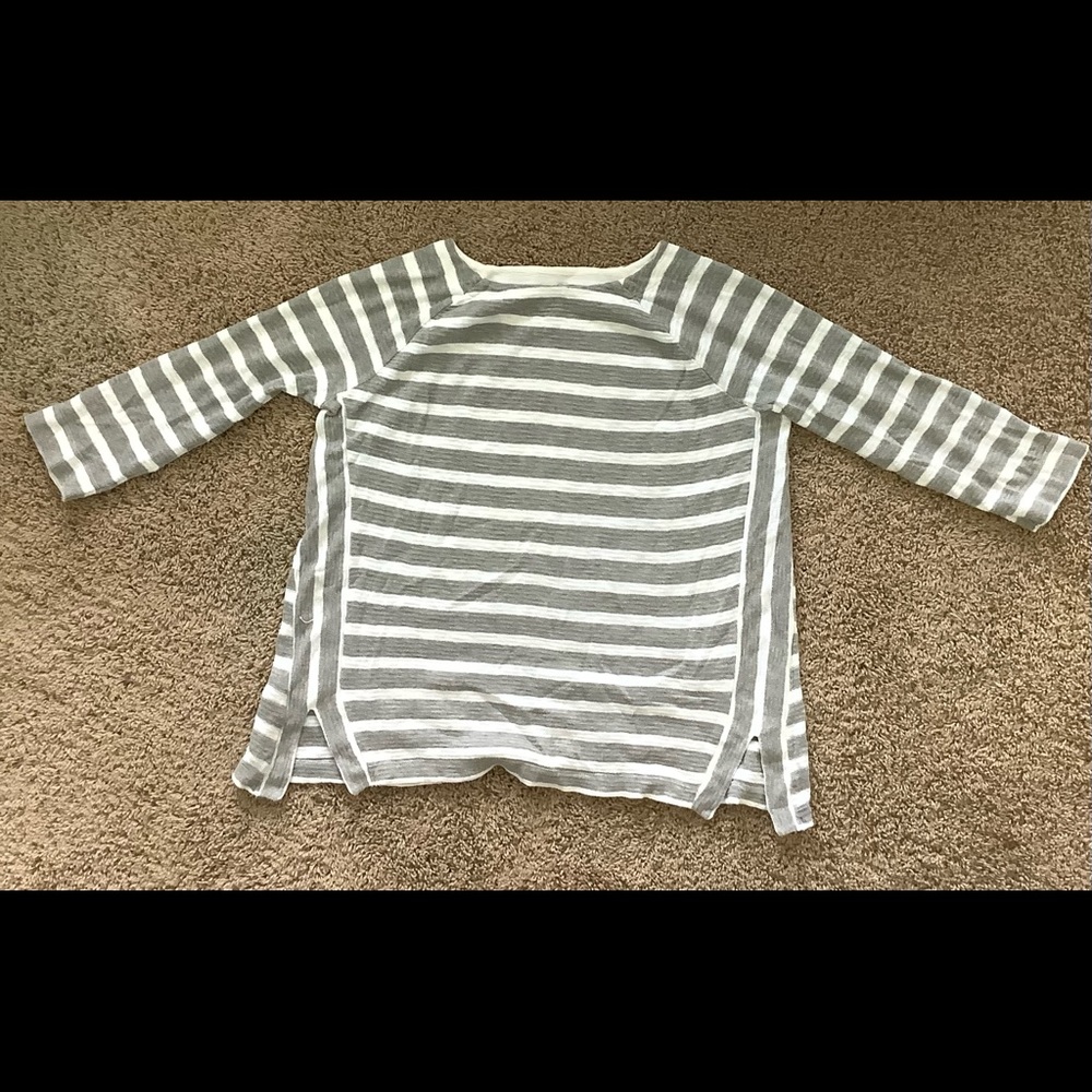 Gray and white striped LOFT sweater, size medium.